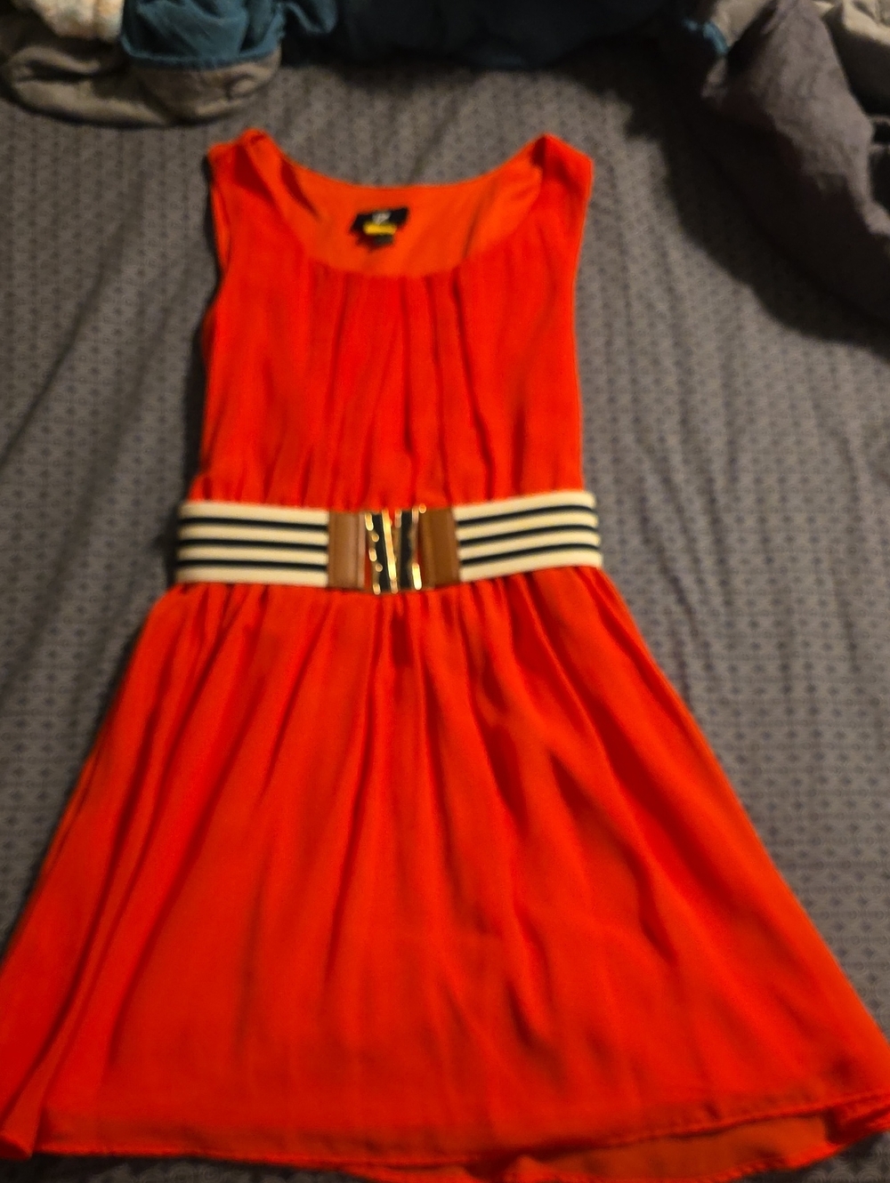 Iz Byer Bright Orange Sleeveless Dress with Striped Elastic Waist